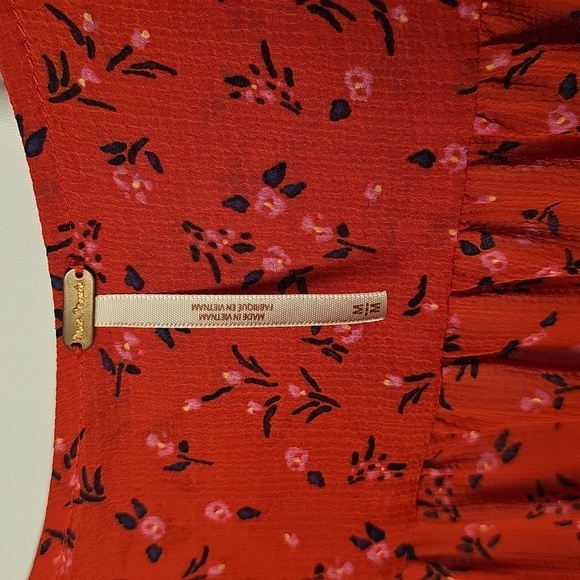 Free People Womens Tied Square Keyhole Neckline Red Floral Polyester Blouse M - Picture 3 of 8